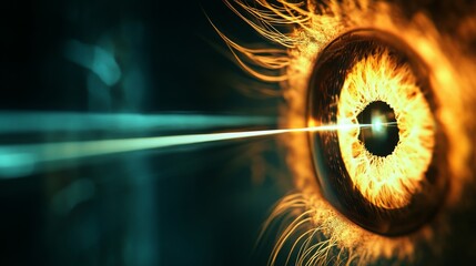 Fototapete - The image features an intricately detailed eye with vibrant tones, while a laser beam directly targets the pupil, creating a striking visual effect in a dimly lit environment.
