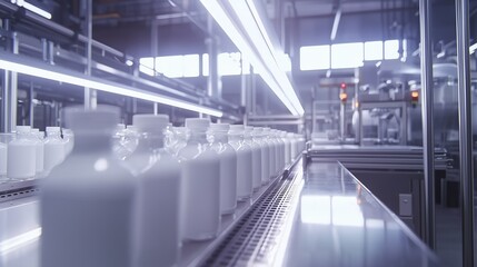 Conveyor belt with milk bottles in a modern production line. Milk industry.