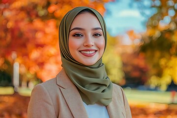 Hijabi woman in green headscarf and beige blazer, warm smile, autumn urban setting