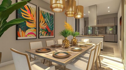 Modern dining room with design sharing table, chairs, gold pendant lamp, abstract paintings, tropical leaves in a vase, and elegant accessories