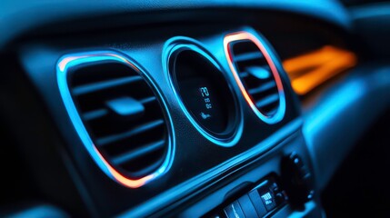 Aufkleber - Close-up of a car's dashboard featuring air vents and illuminated controls.