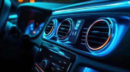 Aufkleber - Interior view of a car dashboard featuring illuminated air vents and controls.