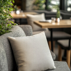 A close-up of one or two solid-colored decorative cushions in a stylish outdoor restaurant. 