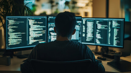 A full-stack developer working on both frontend and backend tasks, with multiple windows open on the screen showing code for databases and user interfaces