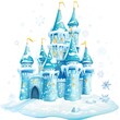 © Kavita - A charming cartoon castle made of ice, sparkling under the sunlight with snowflakes falling on a white background.