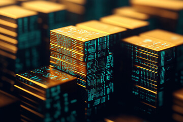 Golden microchips stacked, high-tech design, abstract background.