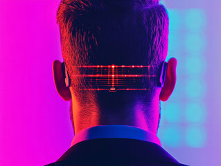 Man with futuristic headset in colorful neon light background.