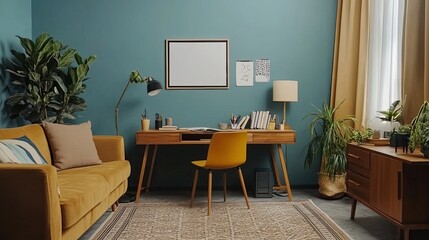 Stylish composition of home office space with sofa, wooden desk, design chair, mock up poster frame, carpet, plants, books, lamp, office supplies and personal accessories in modern home decor