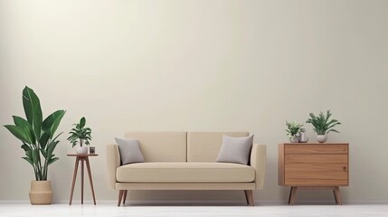 Stylish composition of modern living room interior with a sofa, plants, wooden commode, side table, and elegant home accessories