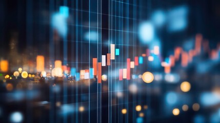 Leinwandbilder - A digital representation of stock market trends with candlestick charts and blurred city lights.