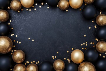 Elegant black and gold festive decorations perfect for parties and celebrations with sparkling confetti on a dark background