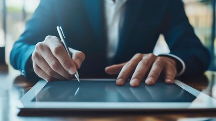 Poster - A person writing on a digital tablet with a pen in a professional setting.