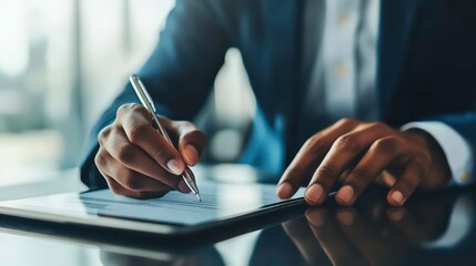 Poster - A person signing a document on a tablet with a pen, emphasizing business activity.