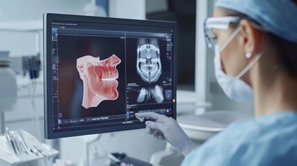 Fototapete - A dental expert is examining detailed 3D images of a patient's jaw and teeth, on a high-tech monitor in a contemporary dental clinic.