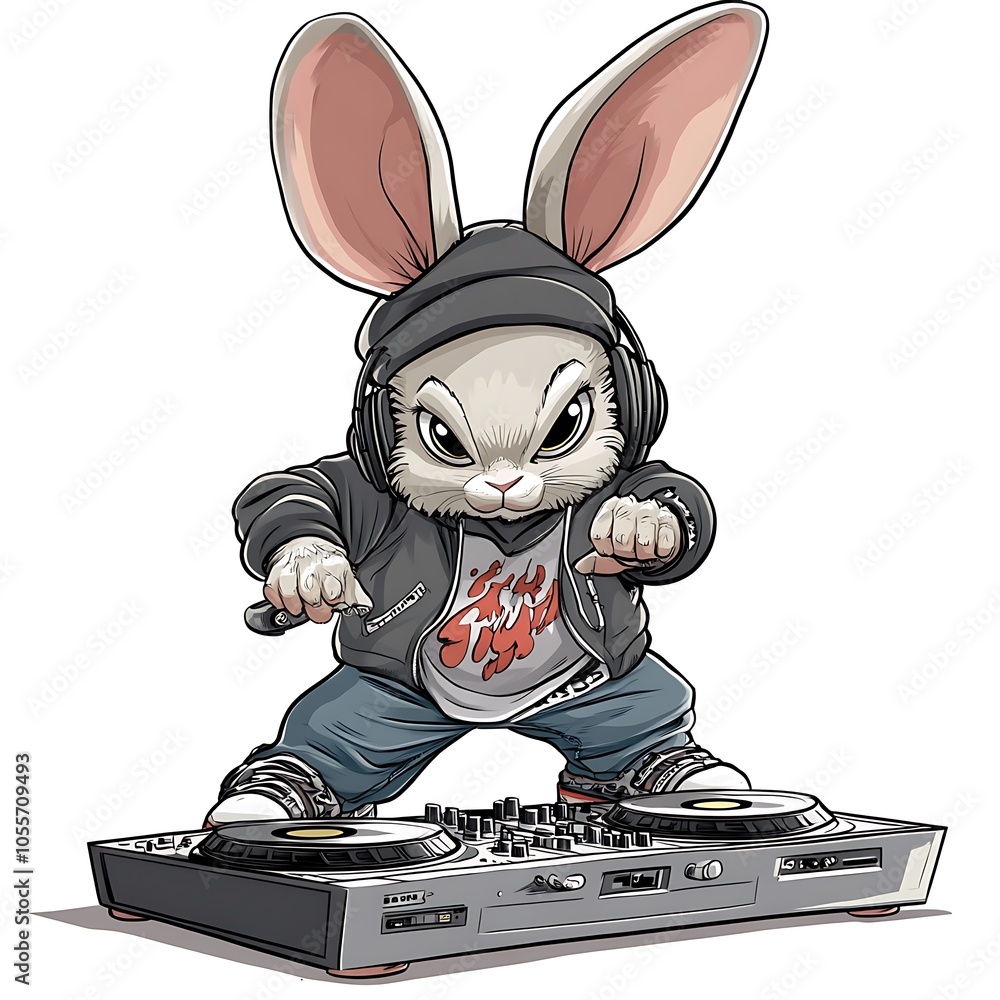 Cartoon Rabbit Rap Cartoon rabbit in hip-hop attire, holding a DJ turntable on a white ...