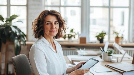 A professional woman sits at a well-organized office desk, holding a tablet. Sunlight streams through large windows, illuminating plants and stationery, creating a bright and inviting workspace.