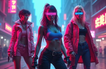 Three women in neon outfits with futuristic glasses pose confidently in a dystopian city at night under glowing signs