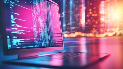 Laptop with code on screen in a vibrant futuristic environment