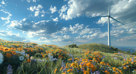 Wall Mural - A wind turbine standing tall on a hill, with wildflowers growing around its base, symbolizing the power of nature and clean energy.