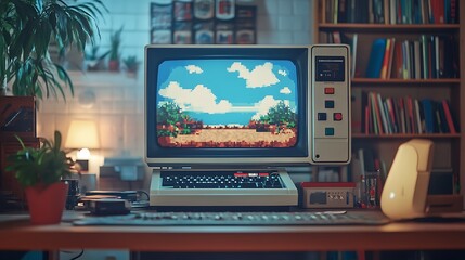 Retro monitor with pixelated game displayed in high detail on a desk setup blending retro with contemporary style