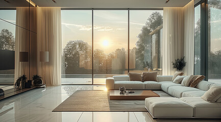 A modern luxurious living room with large floor-to-ceiling windows, soft natural light, and elegant neutral tones.