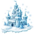 © Kavita - A charming cartoon castle made of ice, sparkling under the sunlight with snowflakes falling on a white background.