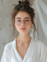 A woman with gathered hair, dressed in a white robe, wearing glasses. She has a strong gaze, outlined eyebrows.