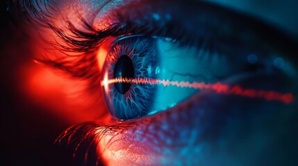 Poster - A close-up of a human eye exhibits vibrant blue and red hues, with a dynamic sound wave pattern reflecting on its surface, blending art and technology in an engaging way.
