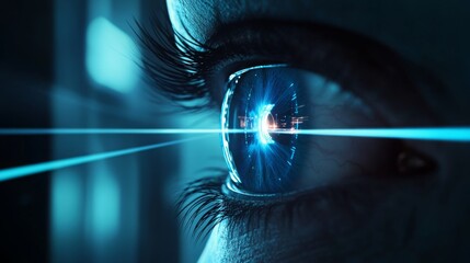 Fototapete - The eye is sharply focused on a striking blue laser beam, set against a dark backdrop.
