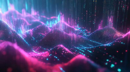 Poster - Abstract digital landscape with glowing peaks and flowing lights.