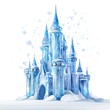 © Kavita - A charming cartoon castle made of ice, sparkling under the sunlight with snowflakes falling on a white background.