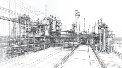 Aufkleber - A wireframe representation of an industrial facility showcasing complex structures.