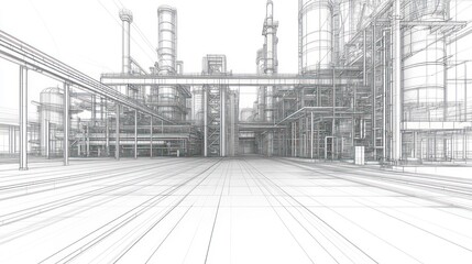 Aufkleber - A wireframe illustration of an industrial facility, showcasing structural elements and layout.