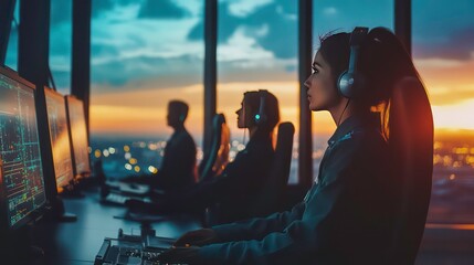 Aufkleber - A focused individual monitors data in a high-tech control room at sunset.