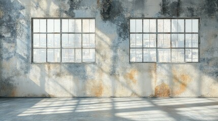 Wall Mural - A weathered, textured wall with panoramic windows, with copy space for text or designs on the open wall.