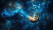 © savittree - A wish-granting genie coming out of a magical lamp, with glowing blue smoke swirling around, capturing the essence of fantasy and magic.