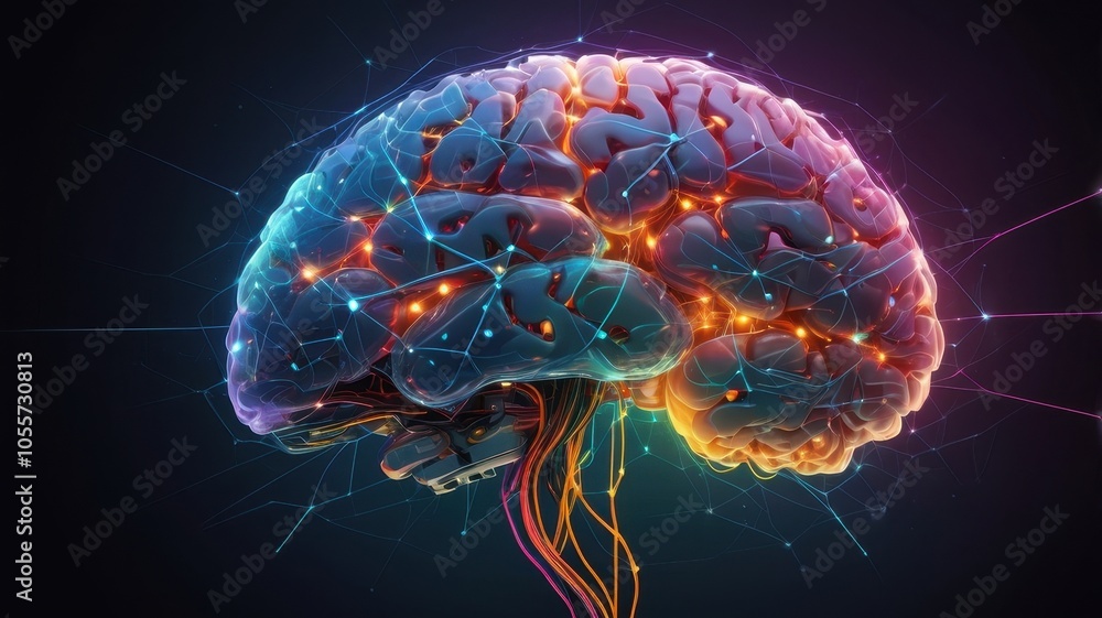 Colorful 3D visualization of human brain with neural connections and ...