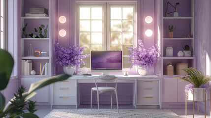 Poster - Home office decorated in light purple tones, very bright.