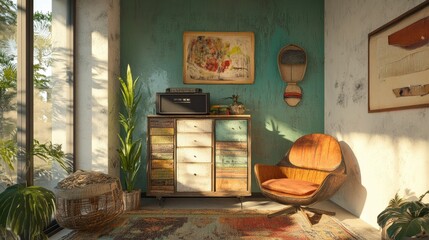 Poster - An artistic corner filled with charming upcycled vintage furniture, showcasing a mix of textures and colors for a stylish and personalized look