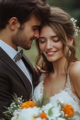 Canvas Print - A man and woman are embracing each other in a wedding photo. The man is wearing a suit and tie, and the woman is wearing a white dress. They are both smiling and looking into each other's eyes