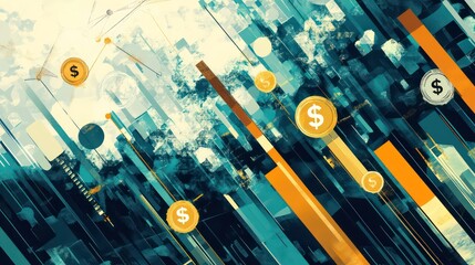 Leinwandbilder - Abstract digital artwork featuring financial symbols and data visuals.