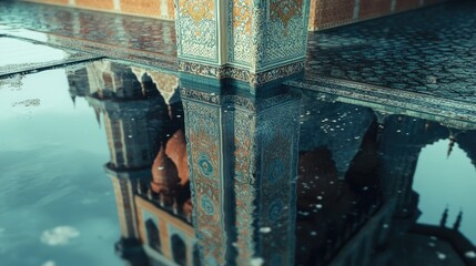 Sticker - An exquisite image of a grand mosque with intricate tile details, reflected in a calm puddle, emphasizing the elegance of its design