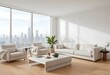 © Stock - A modern, minimalist living room with large windows overlooking a city skyline. The room features a white sofa, armchair, and coffee table, along with a potted plant and a laptop on the table.