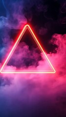 Wall Mural - Illuminated neon triangle glowing through swirling smoke in a dark backdrop