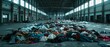 © Ai Studio - A massive pile of colorful discarded clothes covers the floor of an expansive, desolate warehouse, capturing desolation and abandonment.