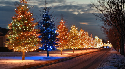 Aufkleber - Holiday lights on trees, multi colored lights for festive holiday decorations.