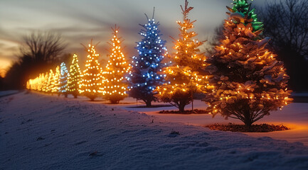 Aufkleber - Holiday lights on trees, multi colored lights for festive holiday decorations.