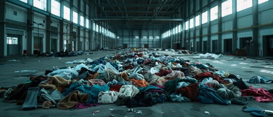 a massive pile of colorful discarded clothes covers the floor of an expansive, desolate warehouse, c