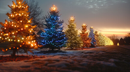 Aufkleber - Holiday lights on trees, multi colored lights for festive holiday decorations.