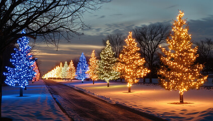 Aufkleber - Holiday lights on trees, multi colored lights for festive holiday decorations.